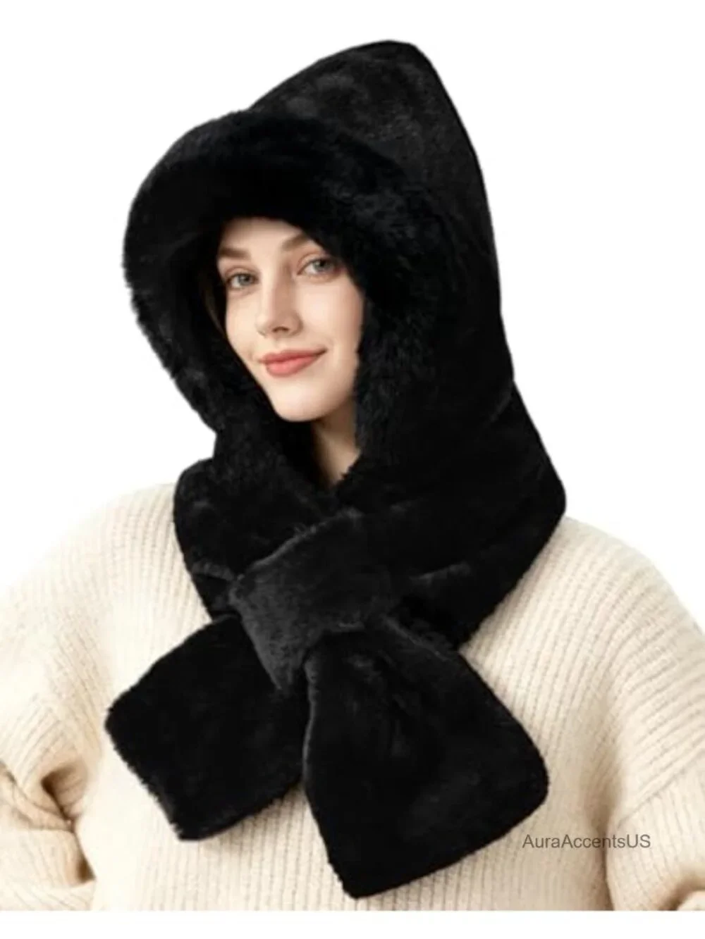 2-in-1 Hooded Scarf Hat Set for Women, Plush Fuzzy Warm Winter